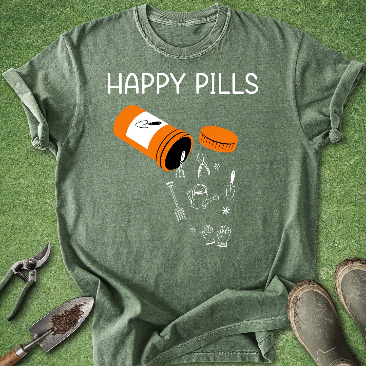 Green t-shirt with 'Happy Pills' graphic on a grass background