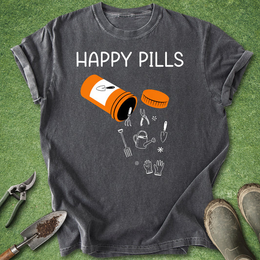 Funny Happy Pills gardening t-shirt with pill bottle illustration spilling gardening tools on gray shirt