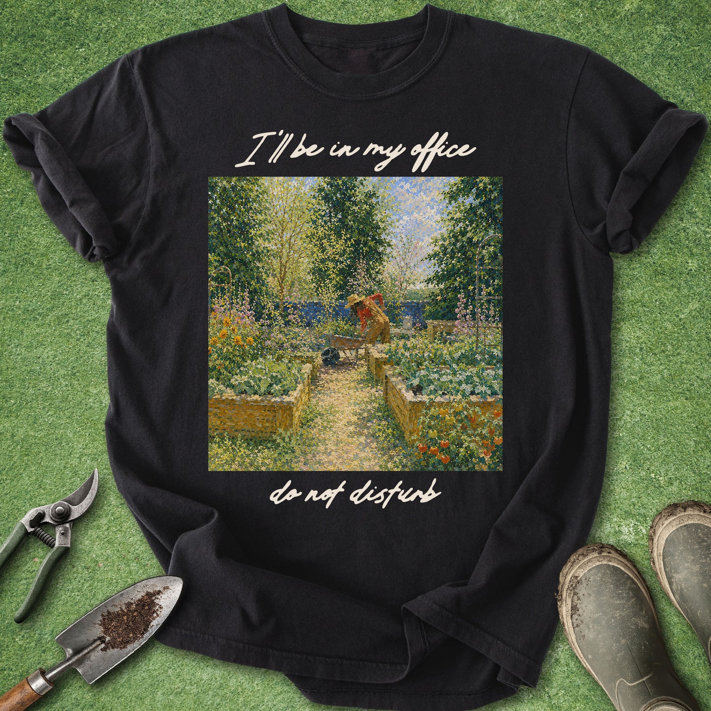 Black t-shirt with garden graphic and text on a grass background
