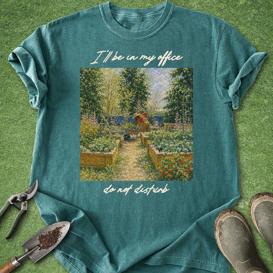 Funny gardening t-shirt with impressionist garden artwork and text saying I’ll be in my office do not disturb on black shirt