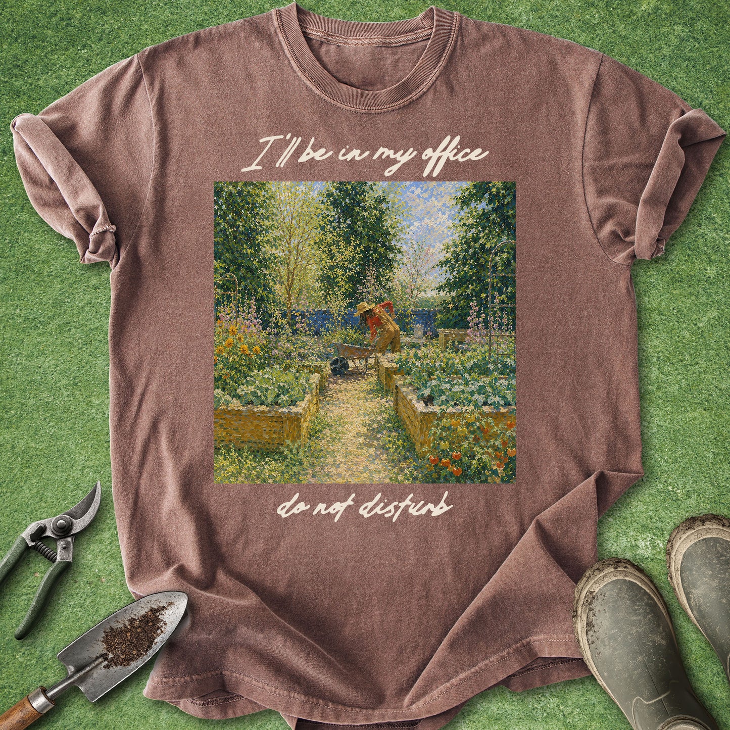 Funny gardening t-shirt with impressionist garden artwork and text saying I’ll be in my office do not disturb on brown shirt