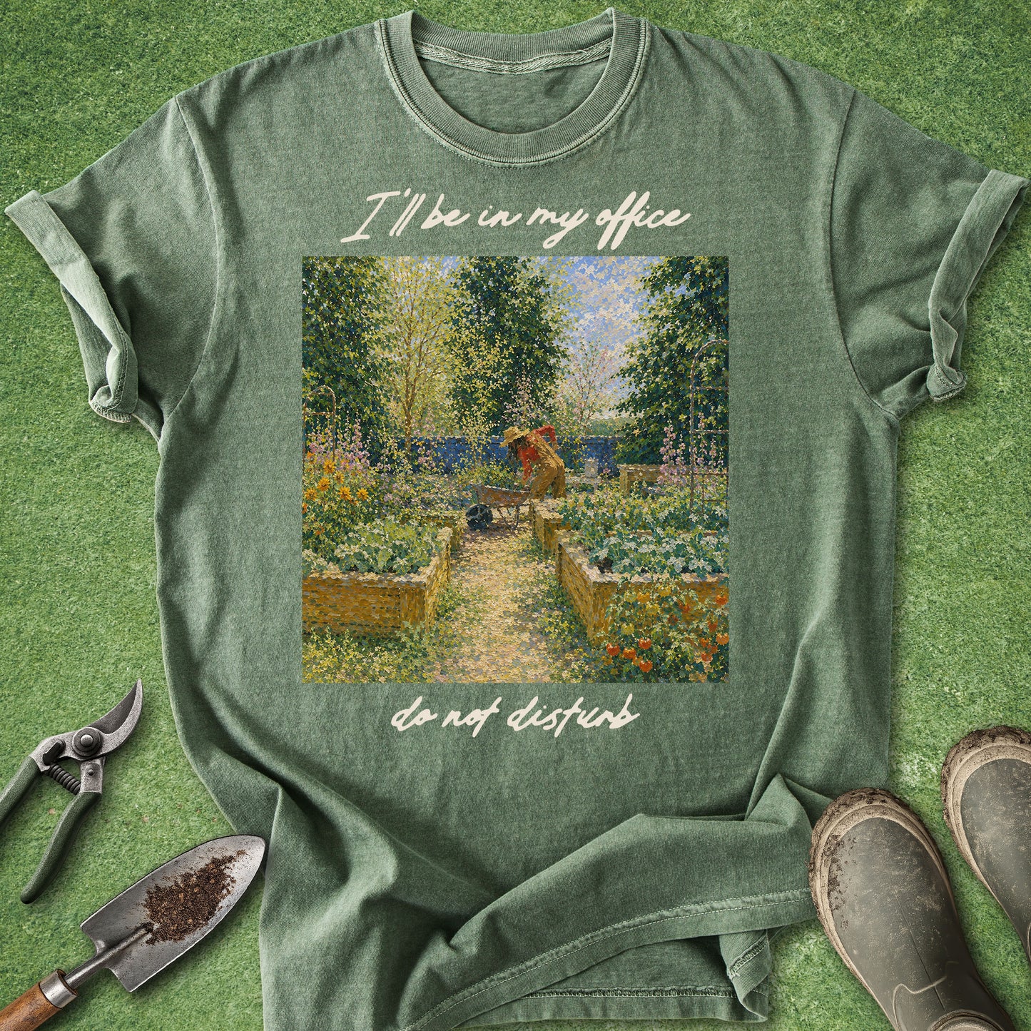 Funny gardening t-shirt with impressionist garden artwork and text saying I’ll be in my office do not disturb on green shirt