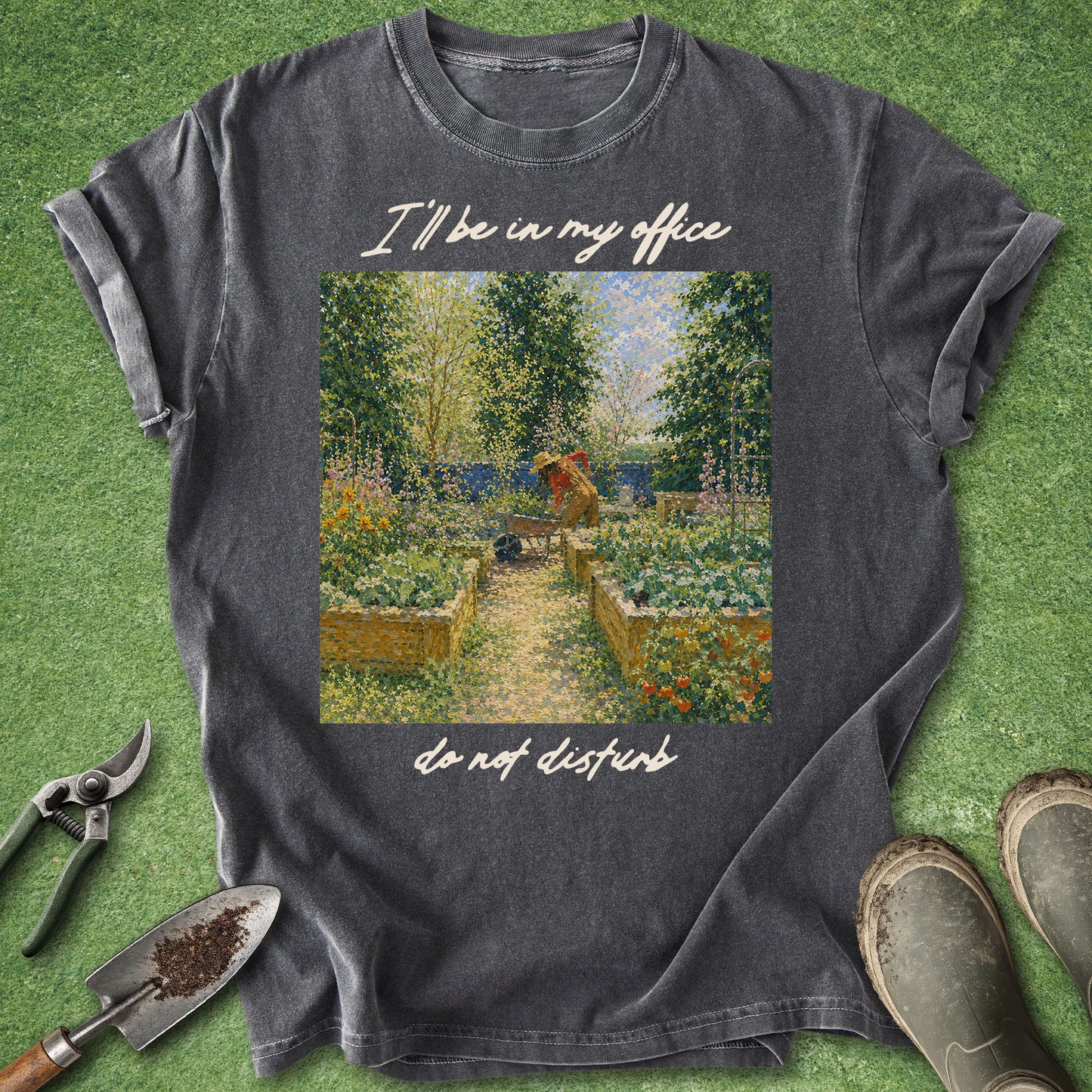 Funny gardening t-shirt with impressionist garden artwork and text saying I’ll be in my office do not disturb on gray shirt