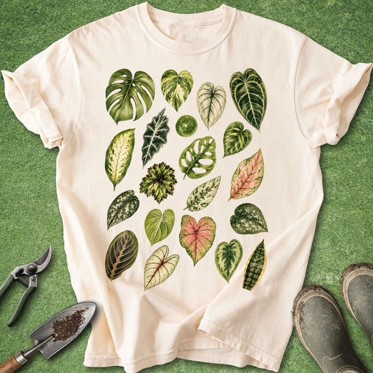 Ivory t-shirt featuring a watercolor botanical collection of assorted tropical houseplant leaves including Monstera, Philodendron, Alocasia, Begonia, Caladium, Aglaonema, Dieffenbachia, Prayer Plant, and Snake Plant arranged in a botanical study.
