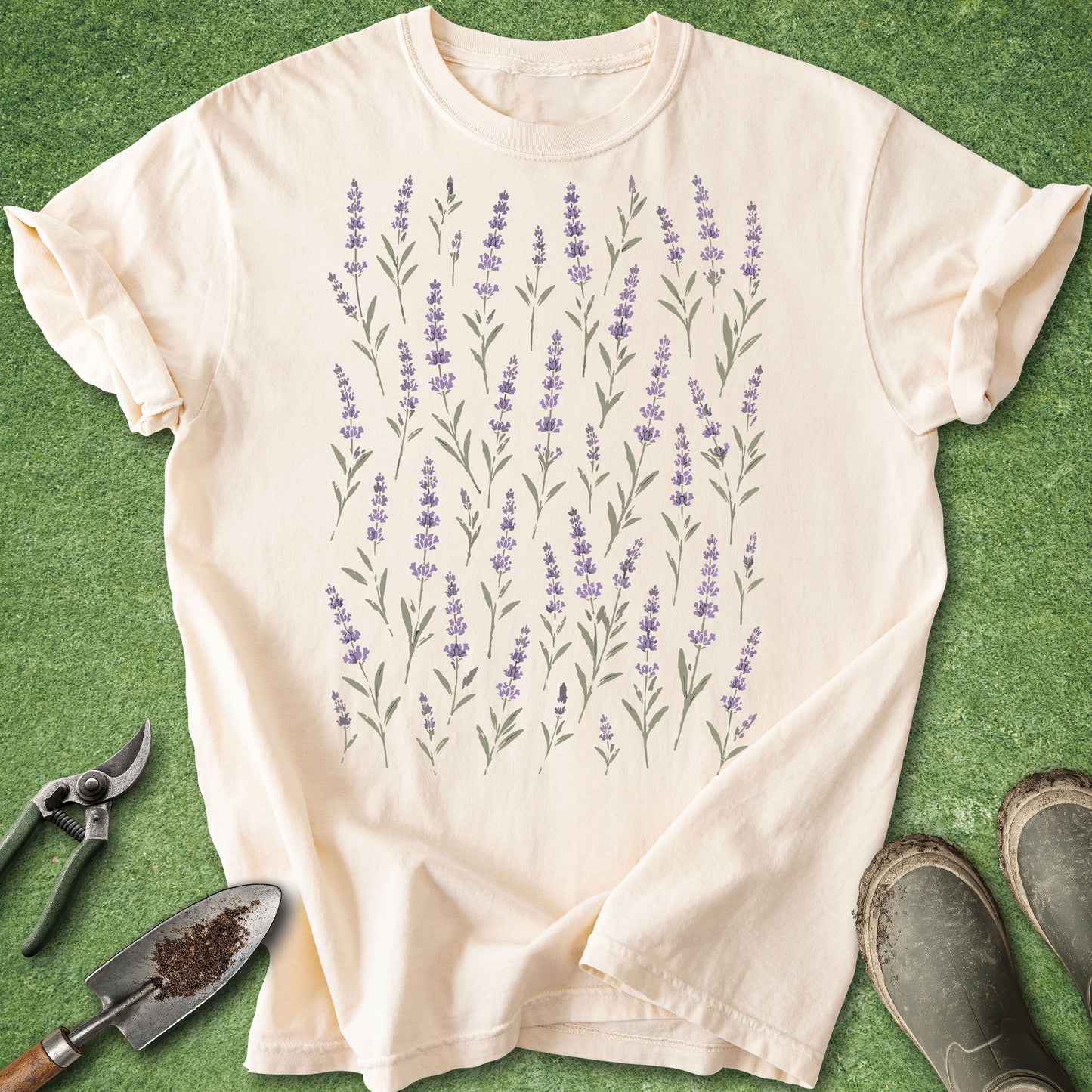 Ivory botanical t-shirt featuring an all-over pattern of delicate lavender stems in soft purple and sage green.