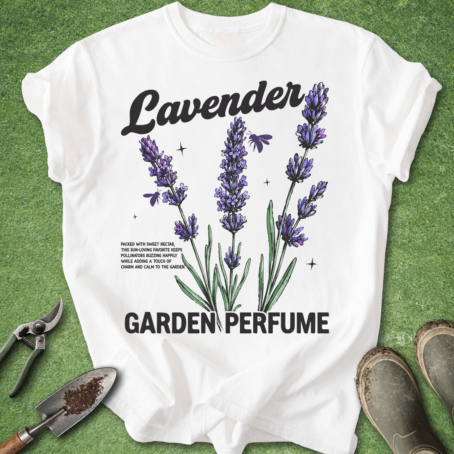 White t-shirt with lavender design and text on a green background