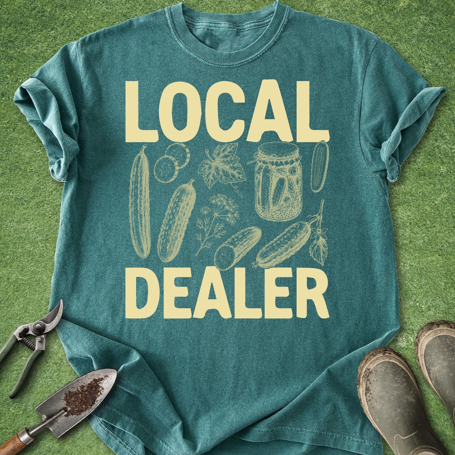 Teal t-shirt with 'LOCAL DEALER' text and illustrations on a green background
