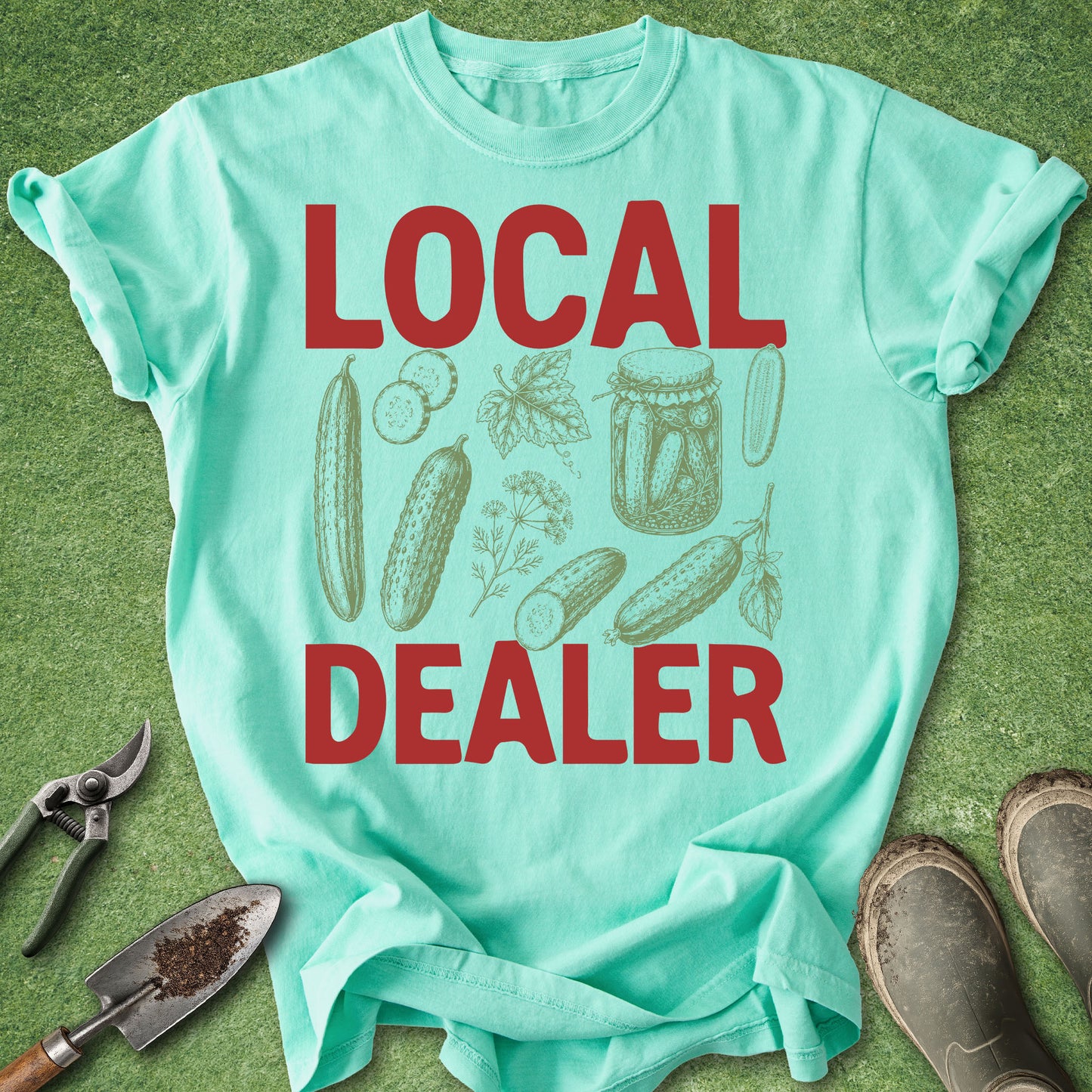 Mint green t-shirt with 'LOCAL DEALER' text and gardening illustrations on a grass background.