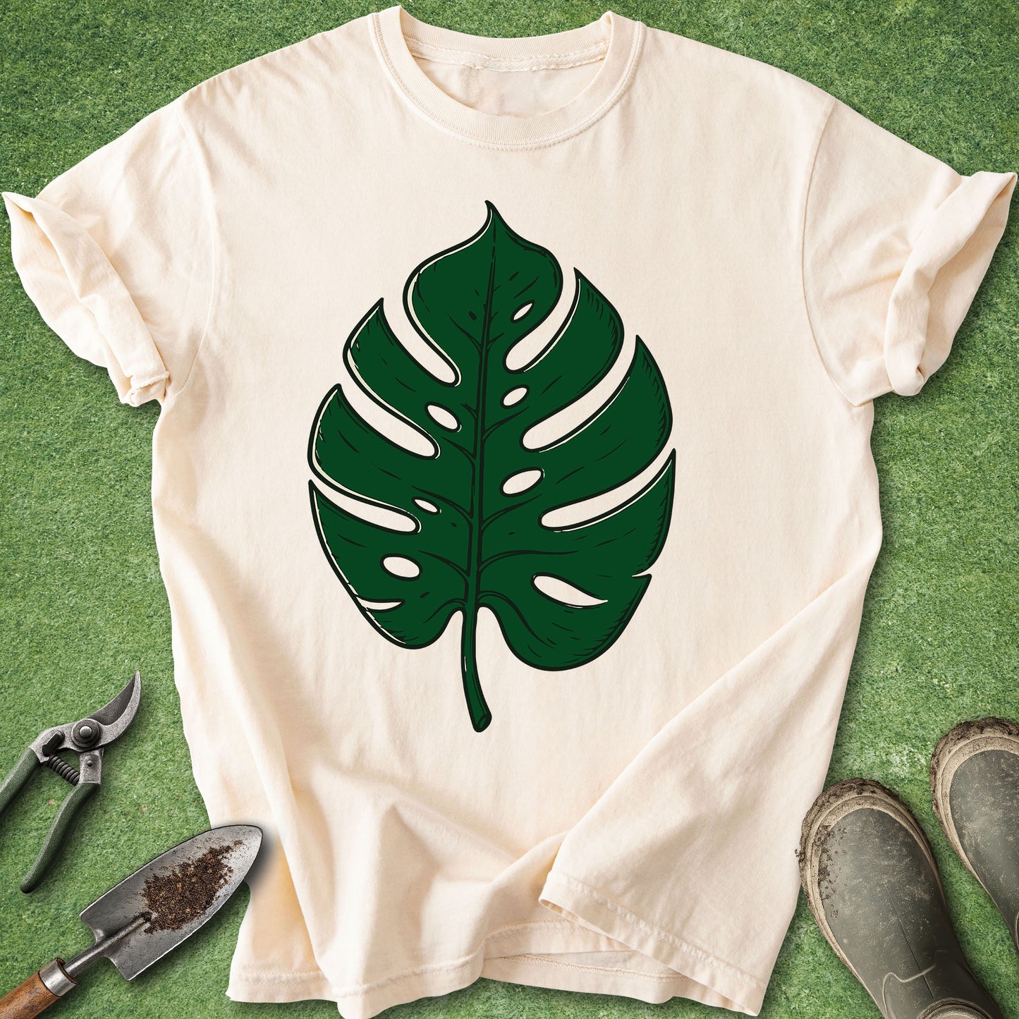 Ivory Comfort Colors t-shirt featuring a large minimalist green monstera leaf illustration with clean botanical lines and tropical plant styling.