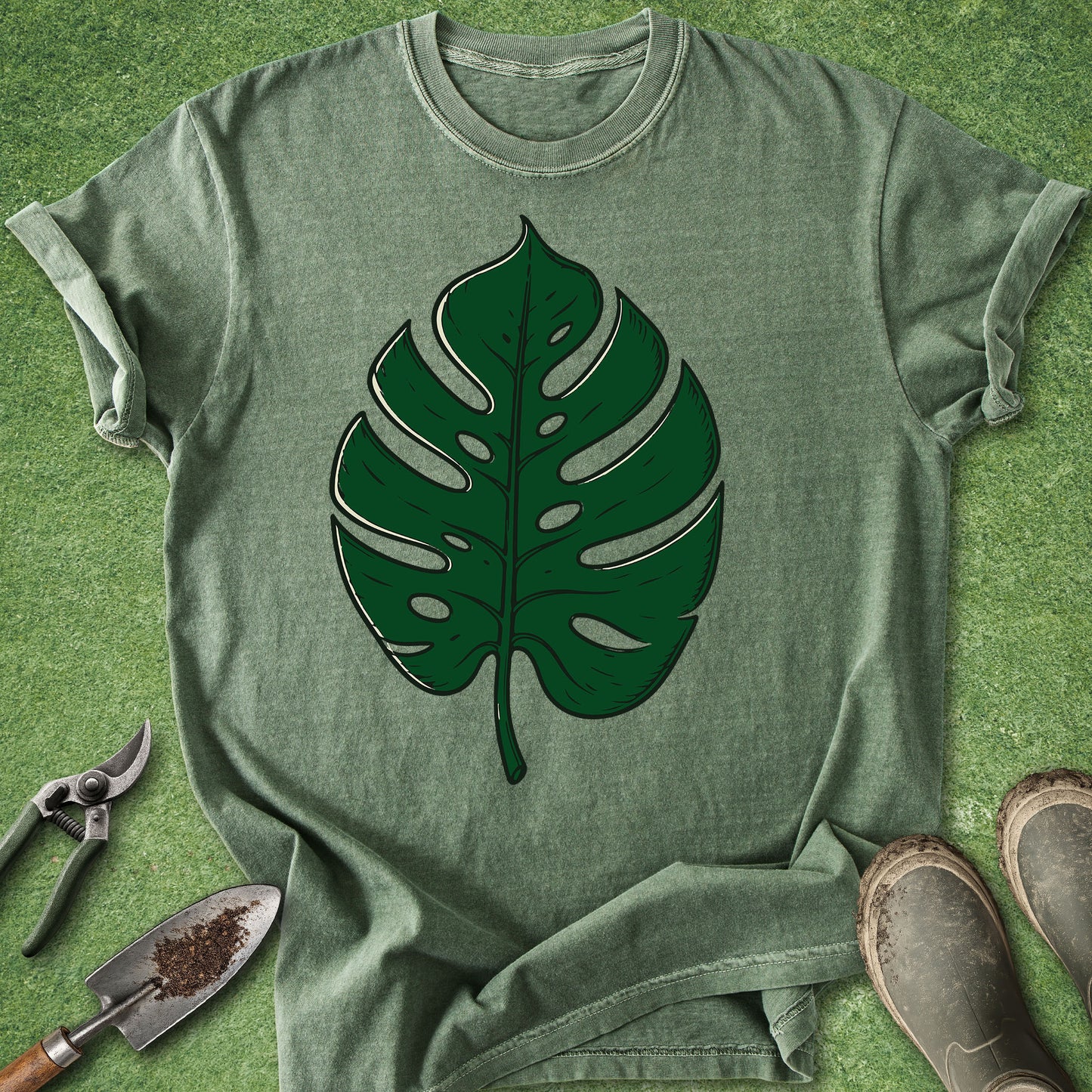 Green t-shirt with a leaf design on a grassy background