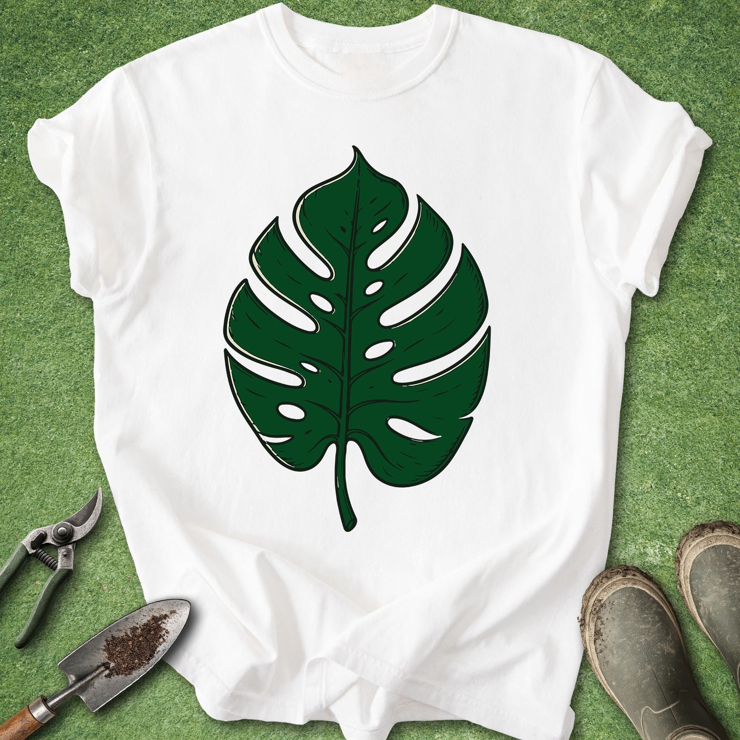 White t-shirt with a green leaf design on a green grass background