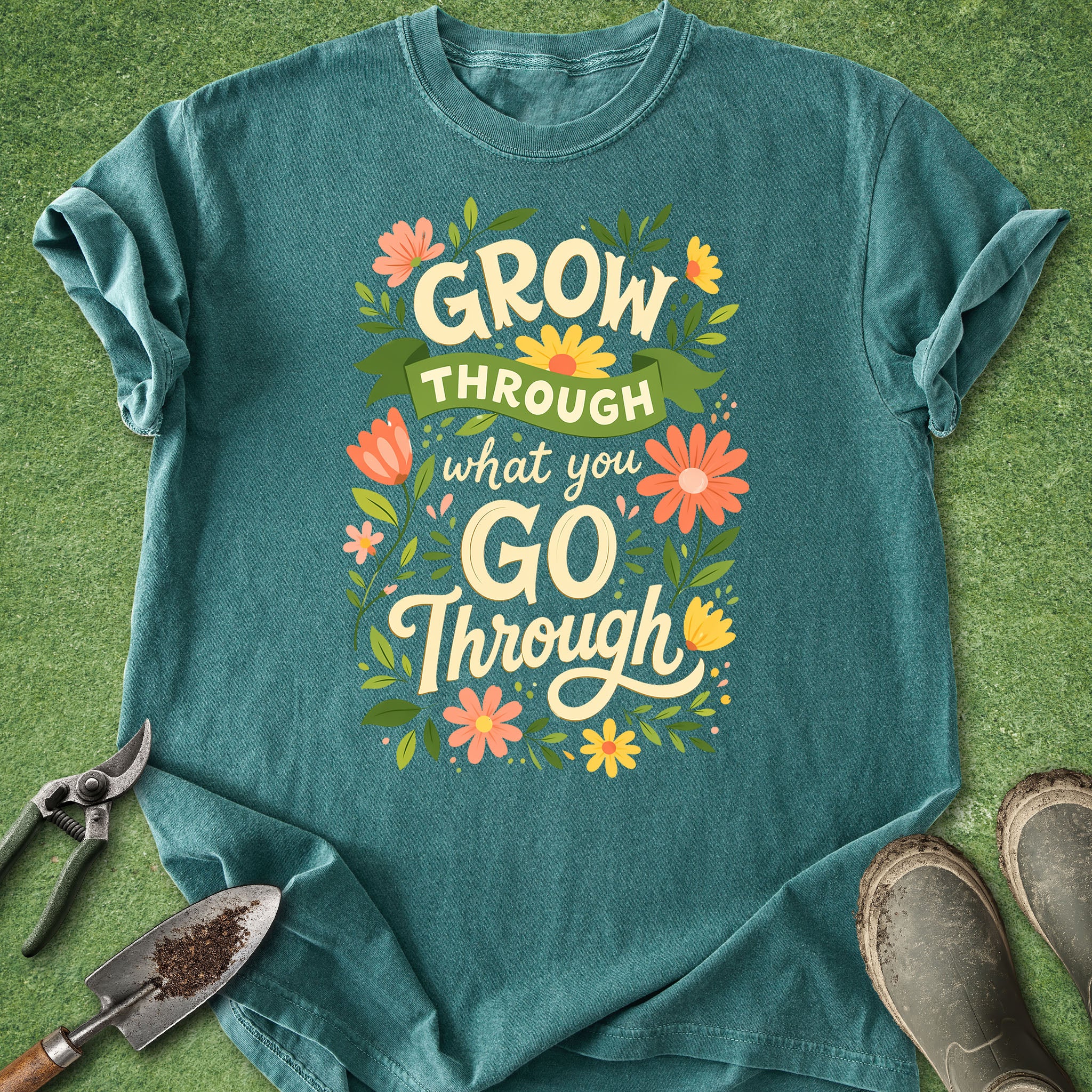 Teal t-shirt with motivational quote and flowers on a grass background
