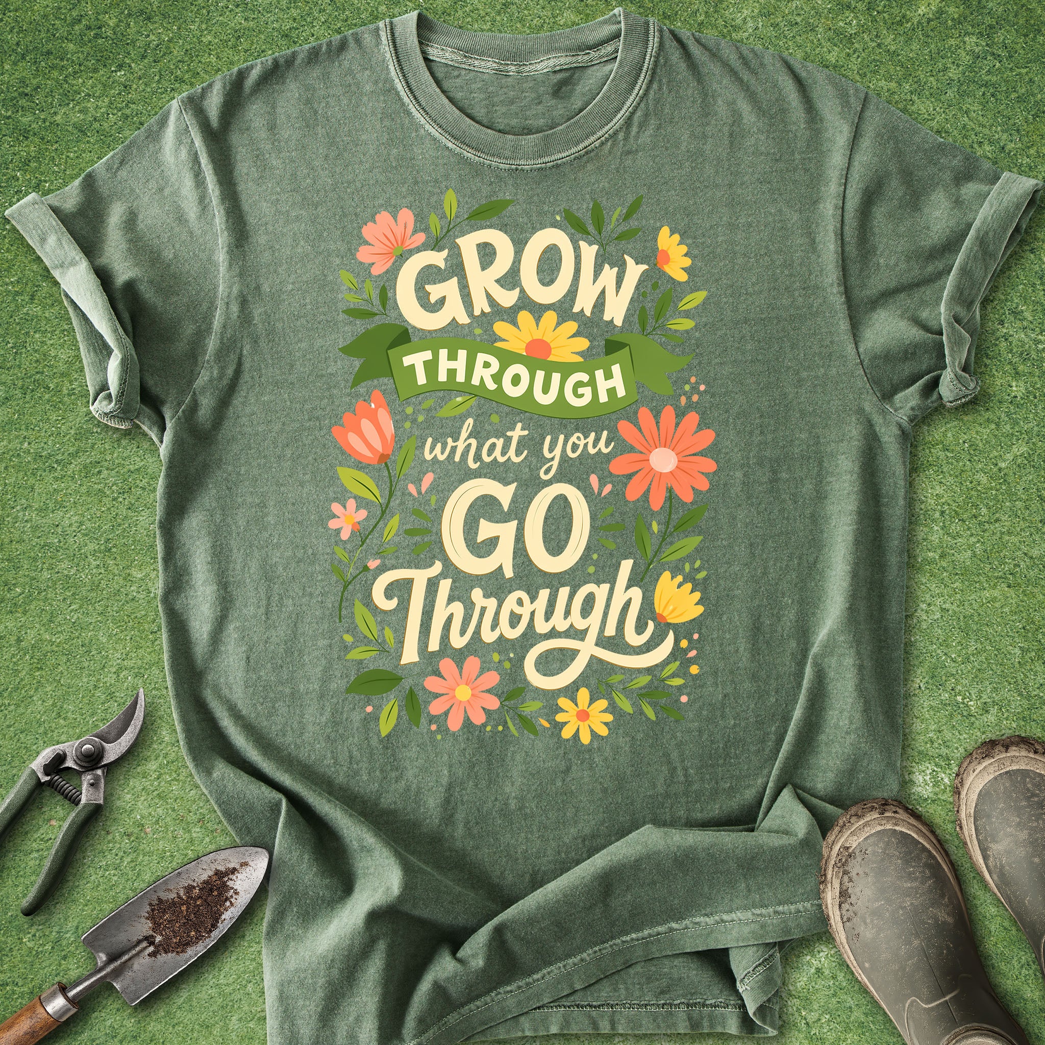 Green t-shirt with motivational quote on a grassy background with gardening tools.