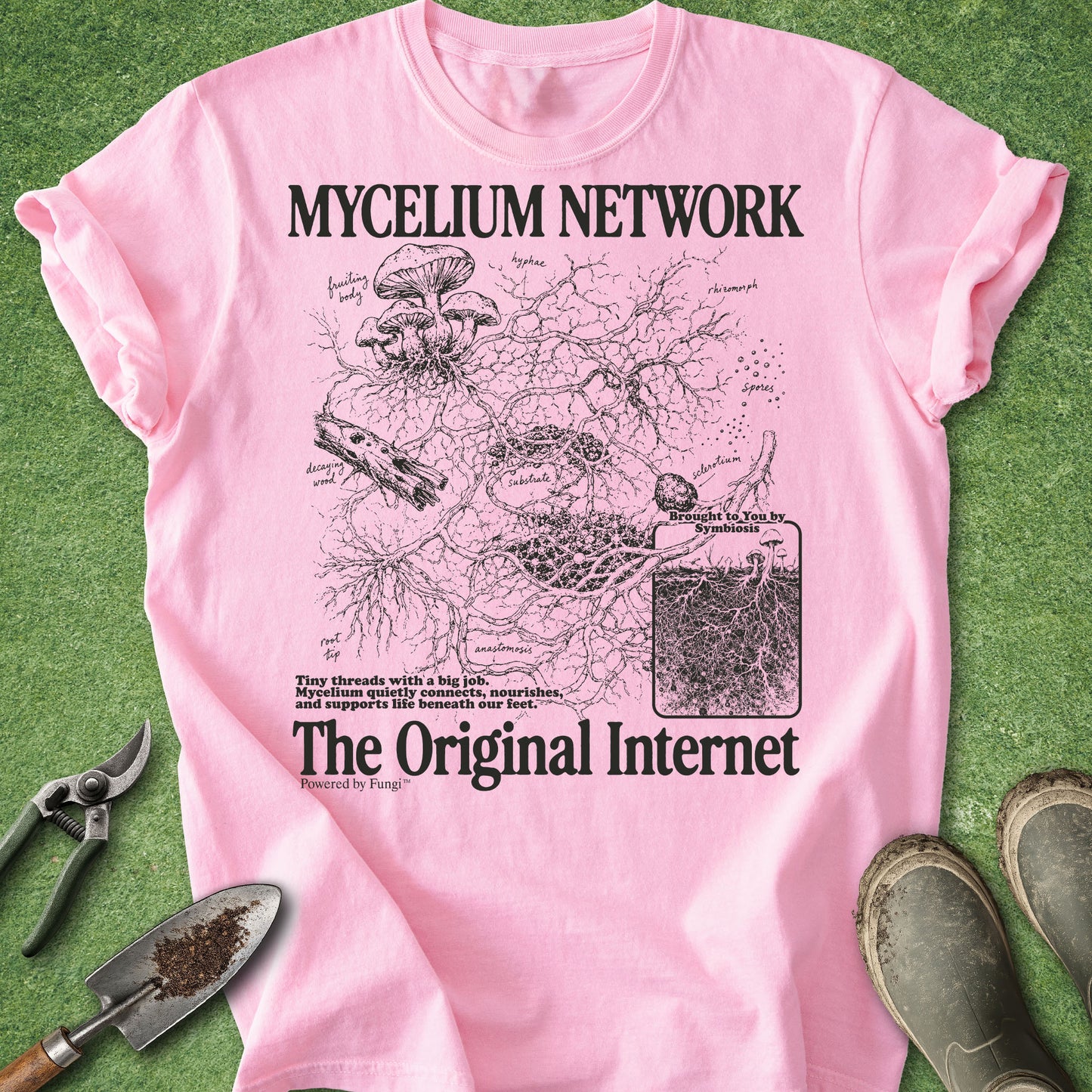 Pink t-shirt with 'Mycelium Network' graphic on a green background