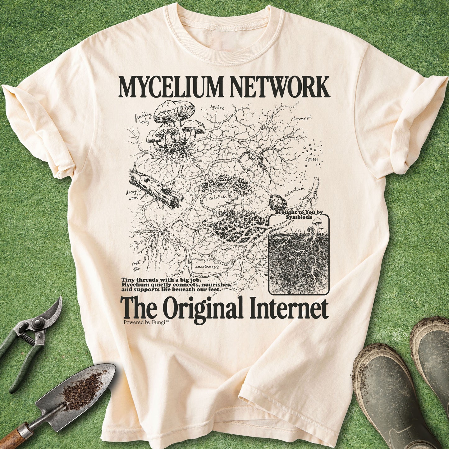 Ivory Comfort Colors t-shirt featuring a detailed black-and-white mycelium network diagram with mushrooms, fungal structures, roots, and “The Original Internet” typography, inspired by mycology and nature science.