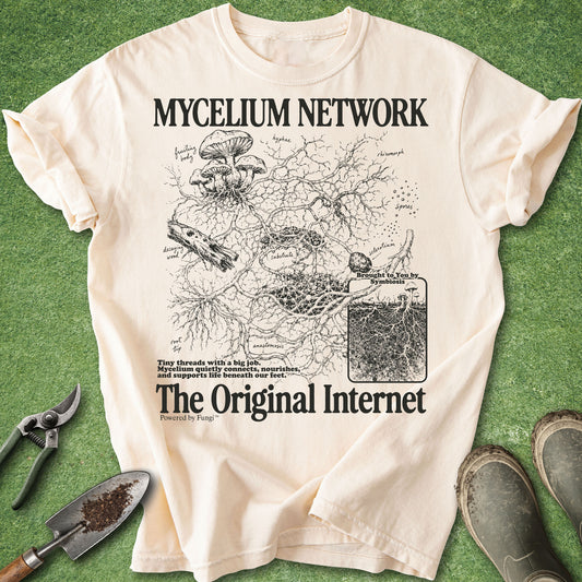 Ivory Comfort Colors t-shirt featuring a detailed black-and-white mycelium network diagram with mushrooms, fungal structures, roots, and “The Original Internet” typography, inspired by mycology and nature science.
