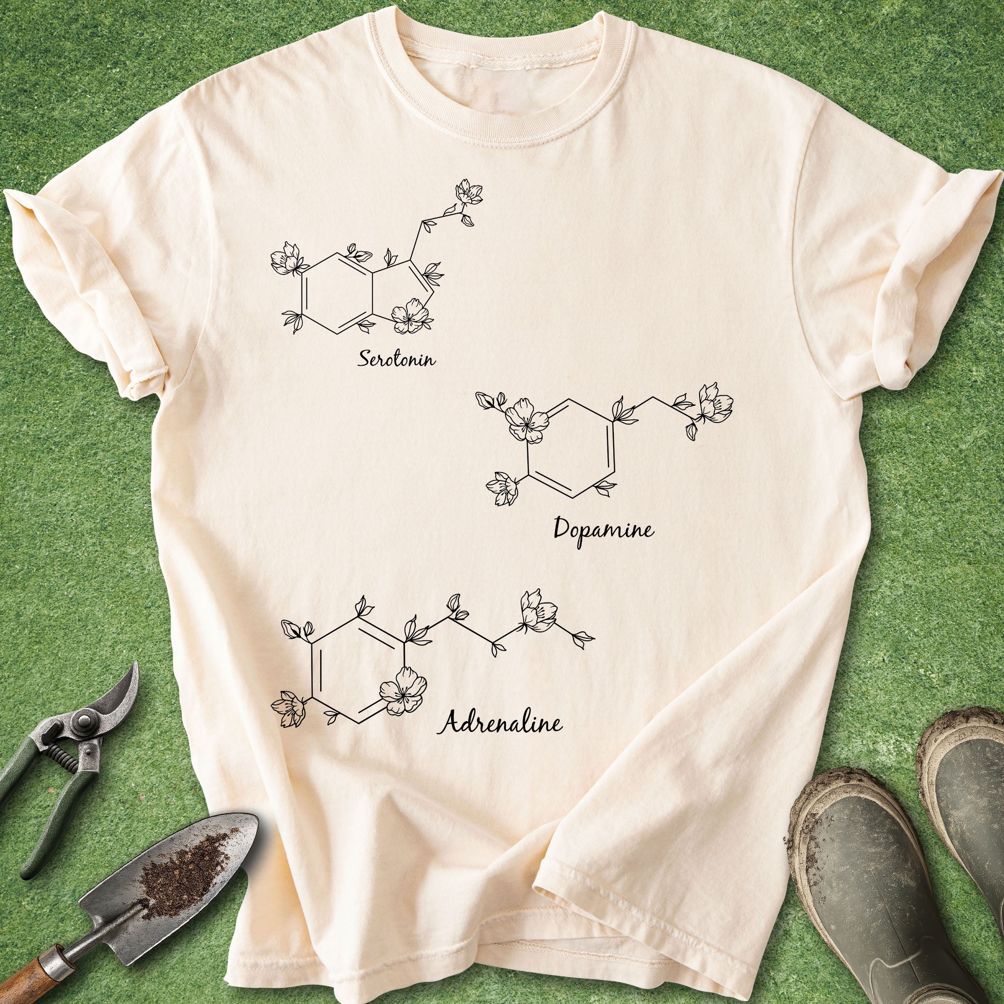 Minimalist plant and chemistry t-shirt featuring serotonin, dopamine, and adrenaline molecular designs with floral elements on an ivory shirt