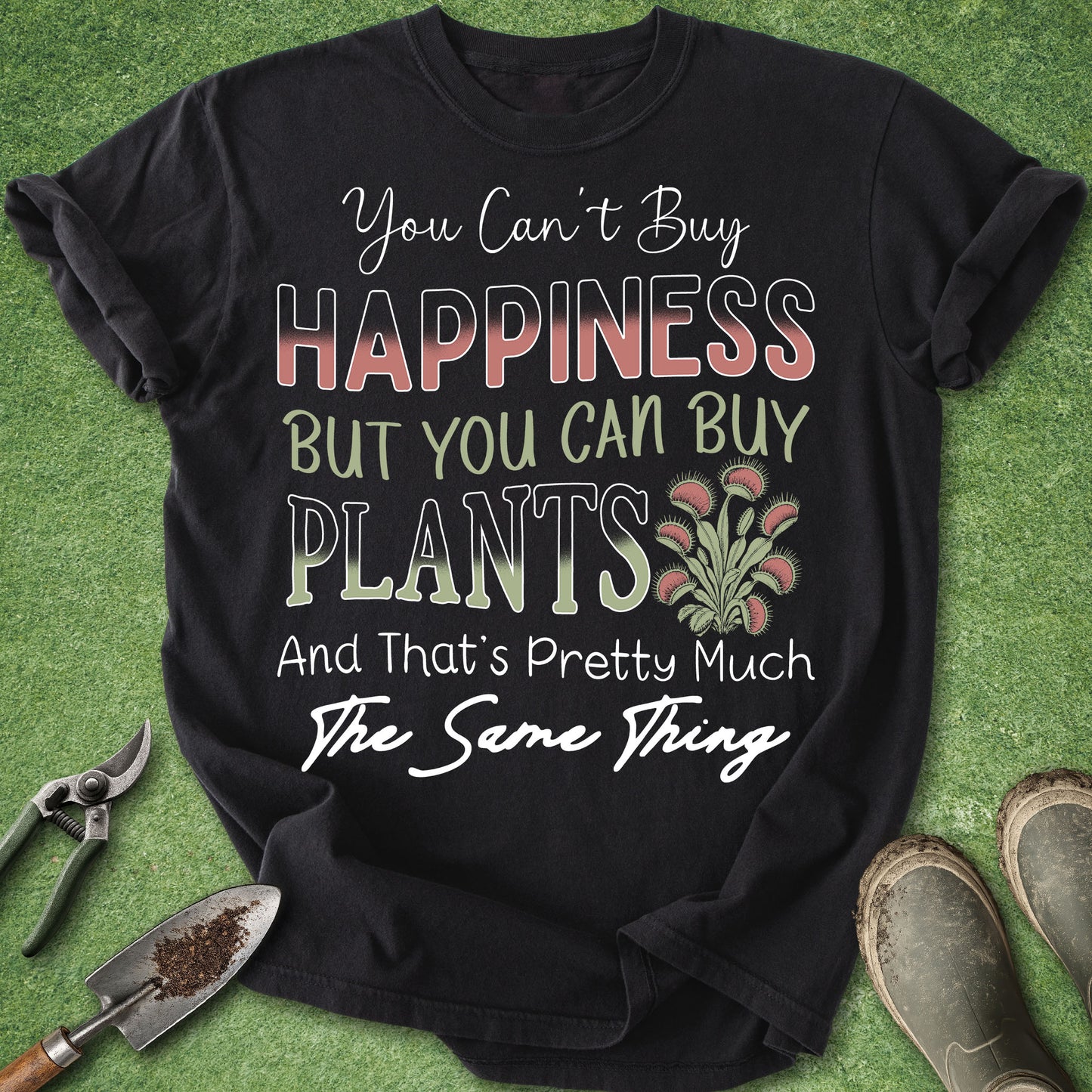 Funny plant lover t-shirt with quote You Can’t Buy Happiness But You Can Buy Plants and Venus flytrap illustration on black shirt