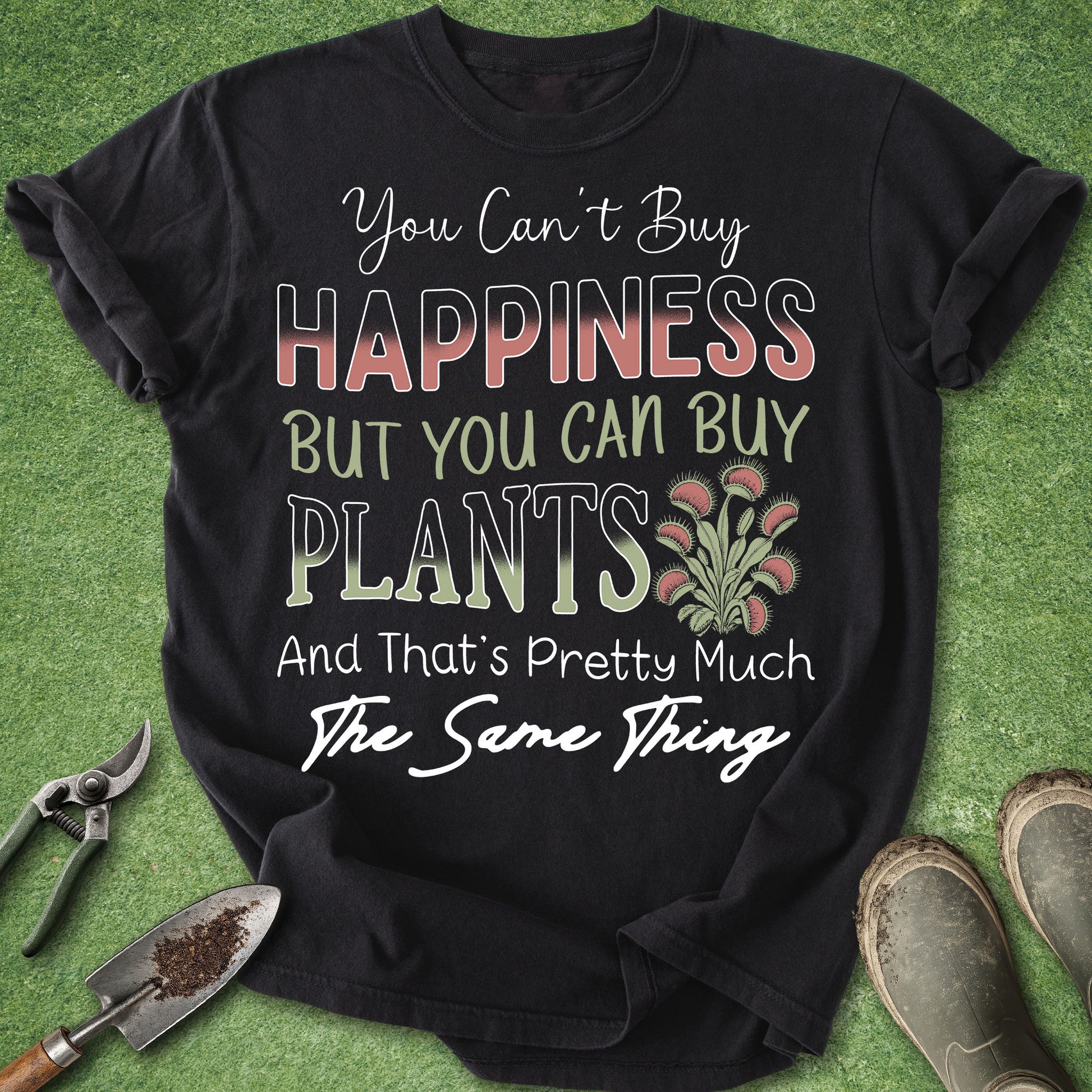 Funny plant lover t-shirt with quote You Can’t Buy Happiness But You Can Buy Plants and Venus flytrap illustration on black shirt