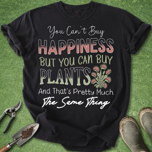 Funny plant lover t-shirt with quote You Can’t Buy Happiness But You Can Buy Plants and Venus flytrap illustration on black shirt