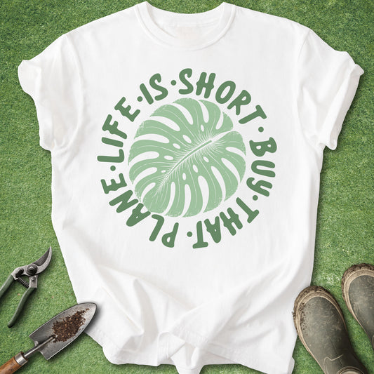 Retro plant lover t-shirt with monstera leaf graphic and plant life quote on ivory shirt