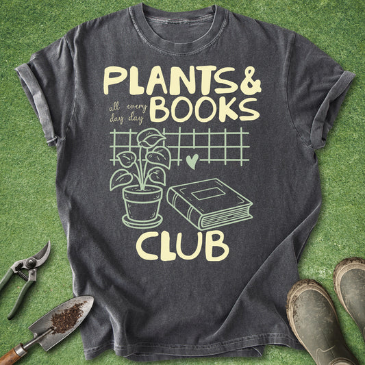 Retro-inspired "Plants & Books Club" design featuring a potted houseplant, a book, a heart, and a minimalist grid background for plant lovers and book enthusiasts.