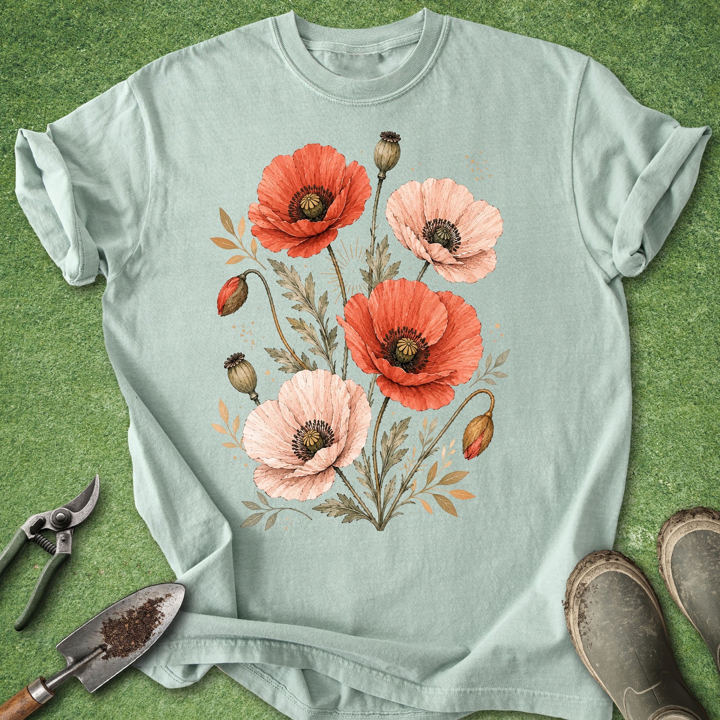 A light blue-green short-sleeve crewneck t-shirt with a watercolor poppy floral print, laid flat on green grass with gardening tools and boots nearby.