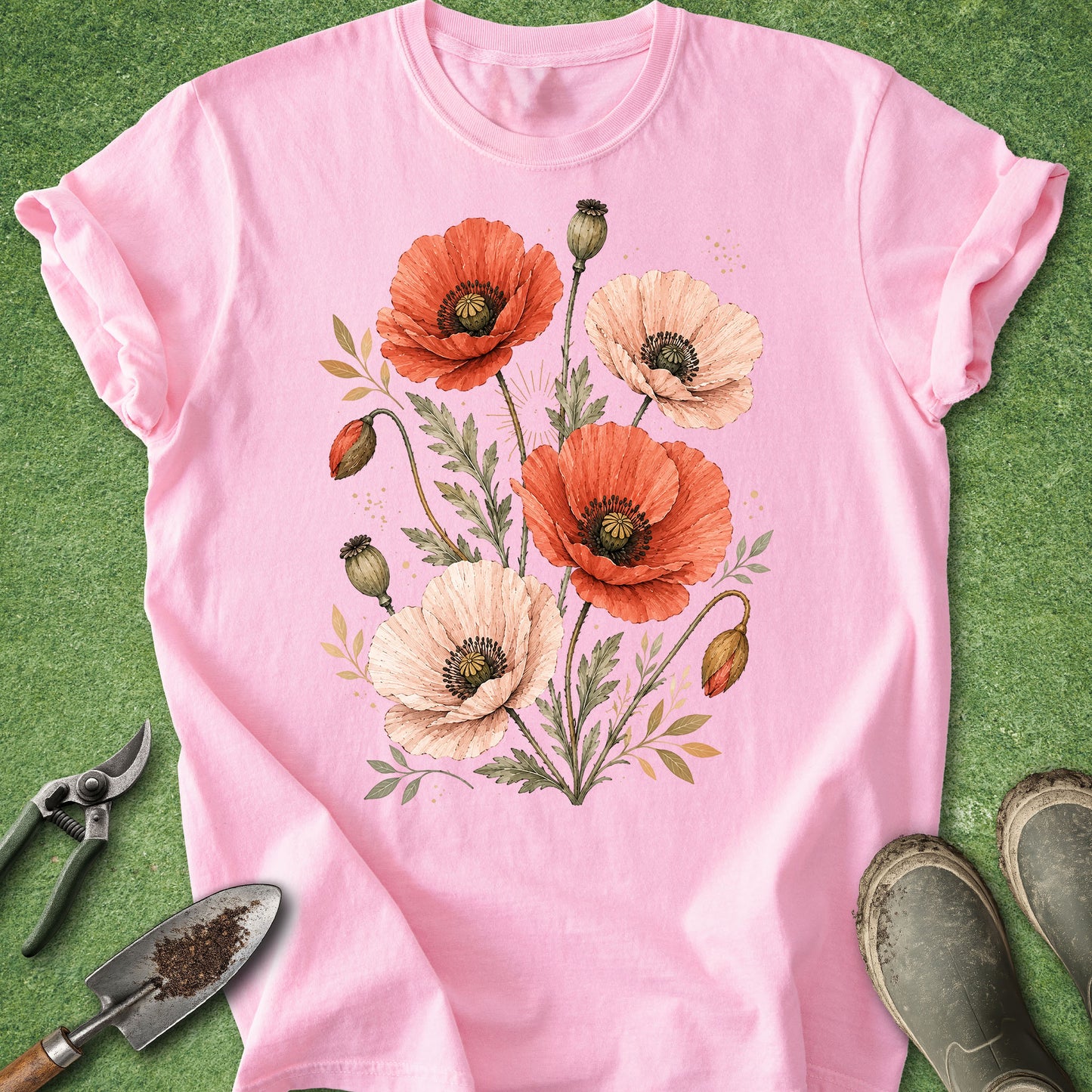 A pink short-sleeve crewneck t-shirt with a watercolor-style poppy floral print, laid flat on a green grass-like surface with gardening props including pruning shears, a trowel, and boots.