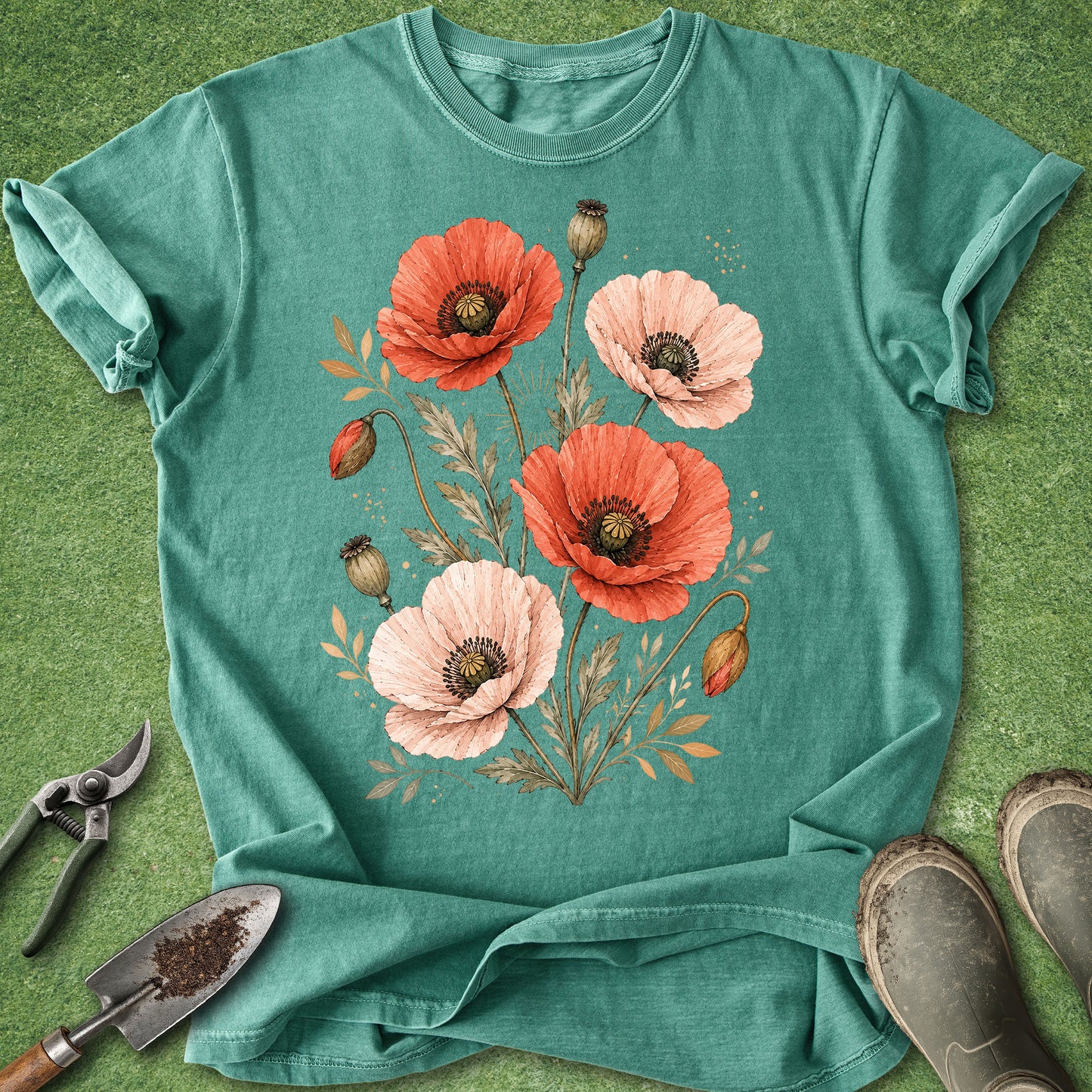 A teal short-sleeve crewneck t-shirt with a graphic of red and pink poppies, laid flat on a green grass-like surface with gardening tools and boots nearby.