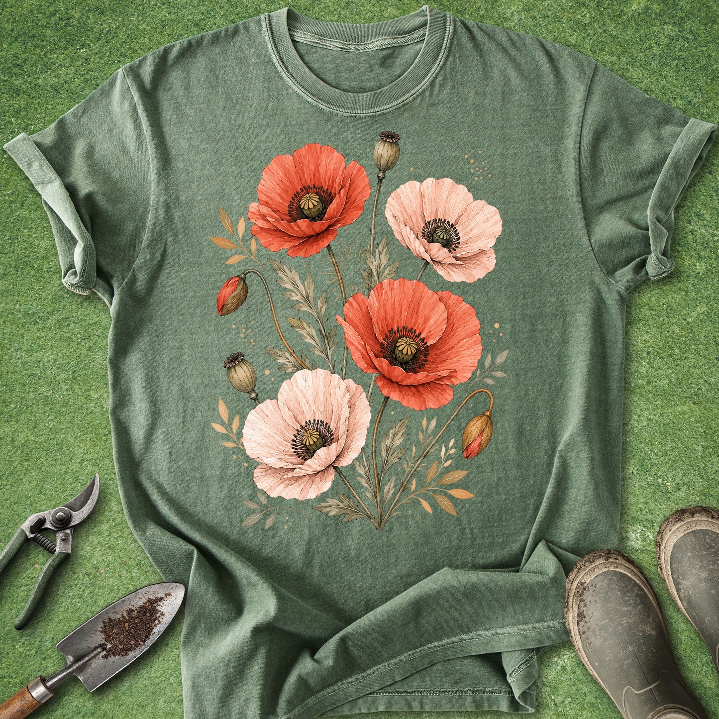 A sage green short-sleeve t-shirt with a vintage-style poppy floral print in red and pink, laid flat on a green grass-like surface with gardening tools and boots nearby.
