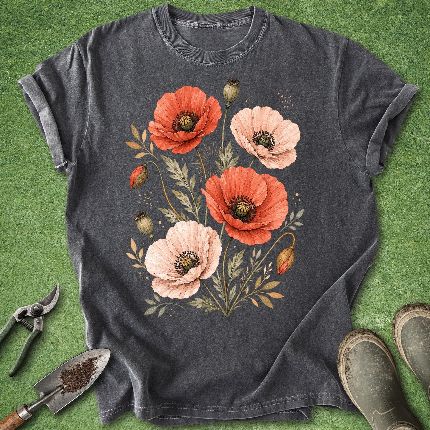 A dark charcoal gray t-shirt with a vintage-style floral print of red and pink poppies, laid flat on green artificial grass with gardening props like a trowel, pruning shears, and boots.