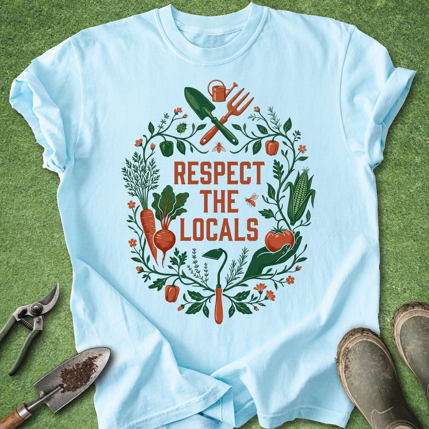 gardening shirt with vegetables and bees design