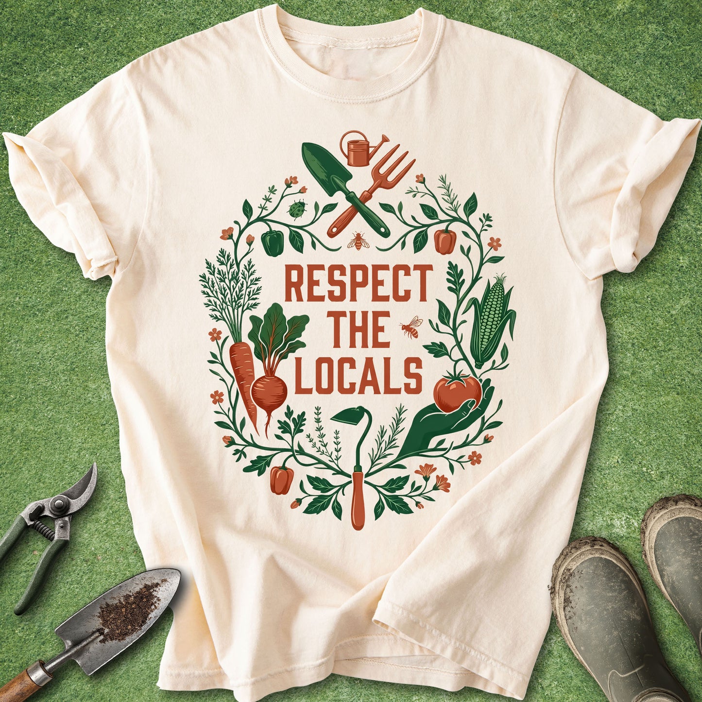 Ivory t-shirt with “Respect the Locals” text and vegetable garden illustration