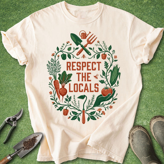 Ivory t-shirt with “Respect the Locals” text and vegetable garden illustration