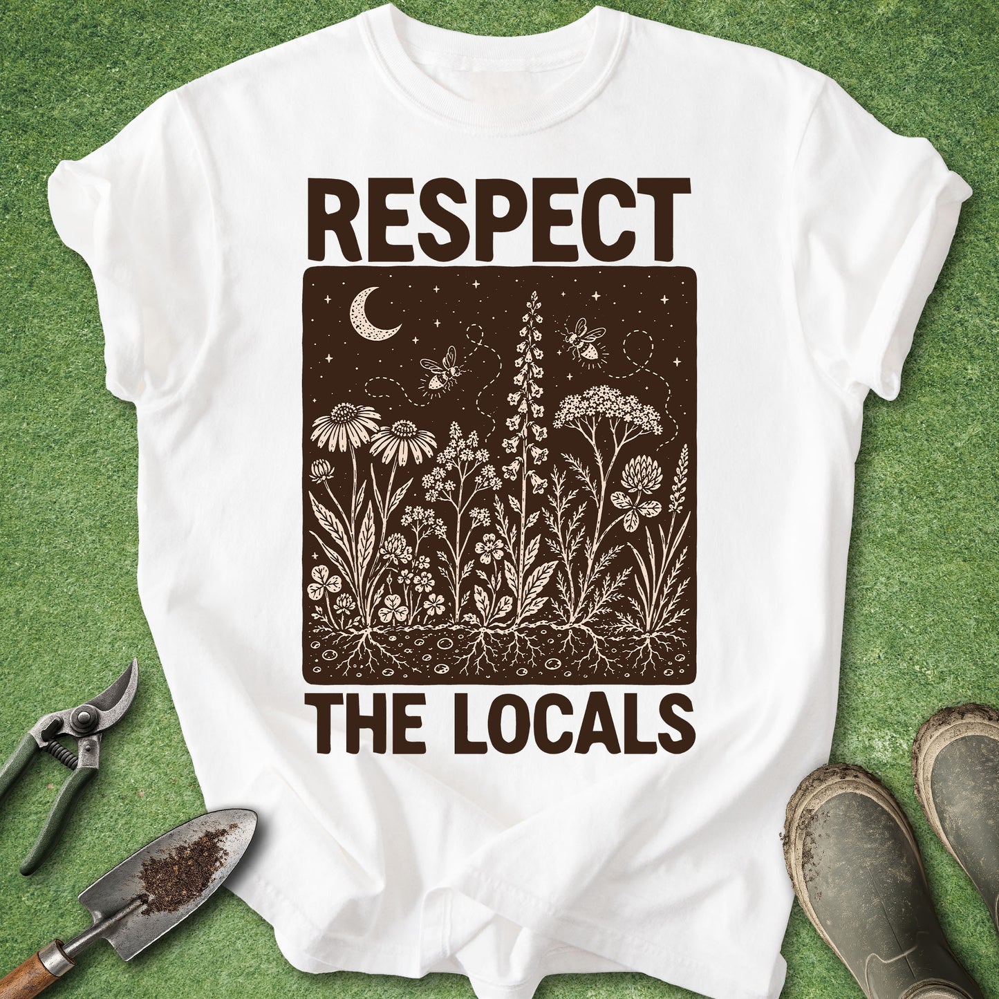 White t-shirt with 'Respect the Locals' graphic design on a green background