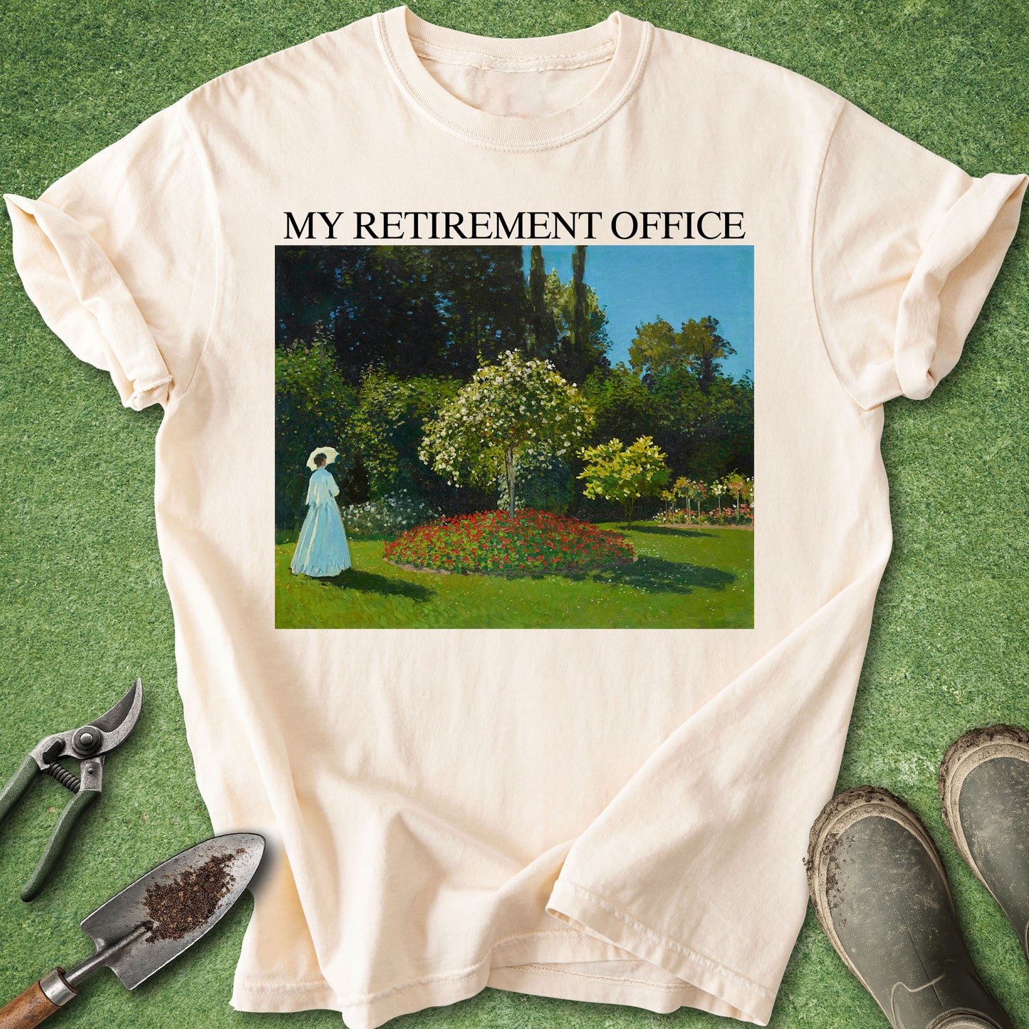 Vintage garden artwork featuring a peaceful flower garden with the text "My Retirement Office" for retirees, gardeners, and plant lovers.