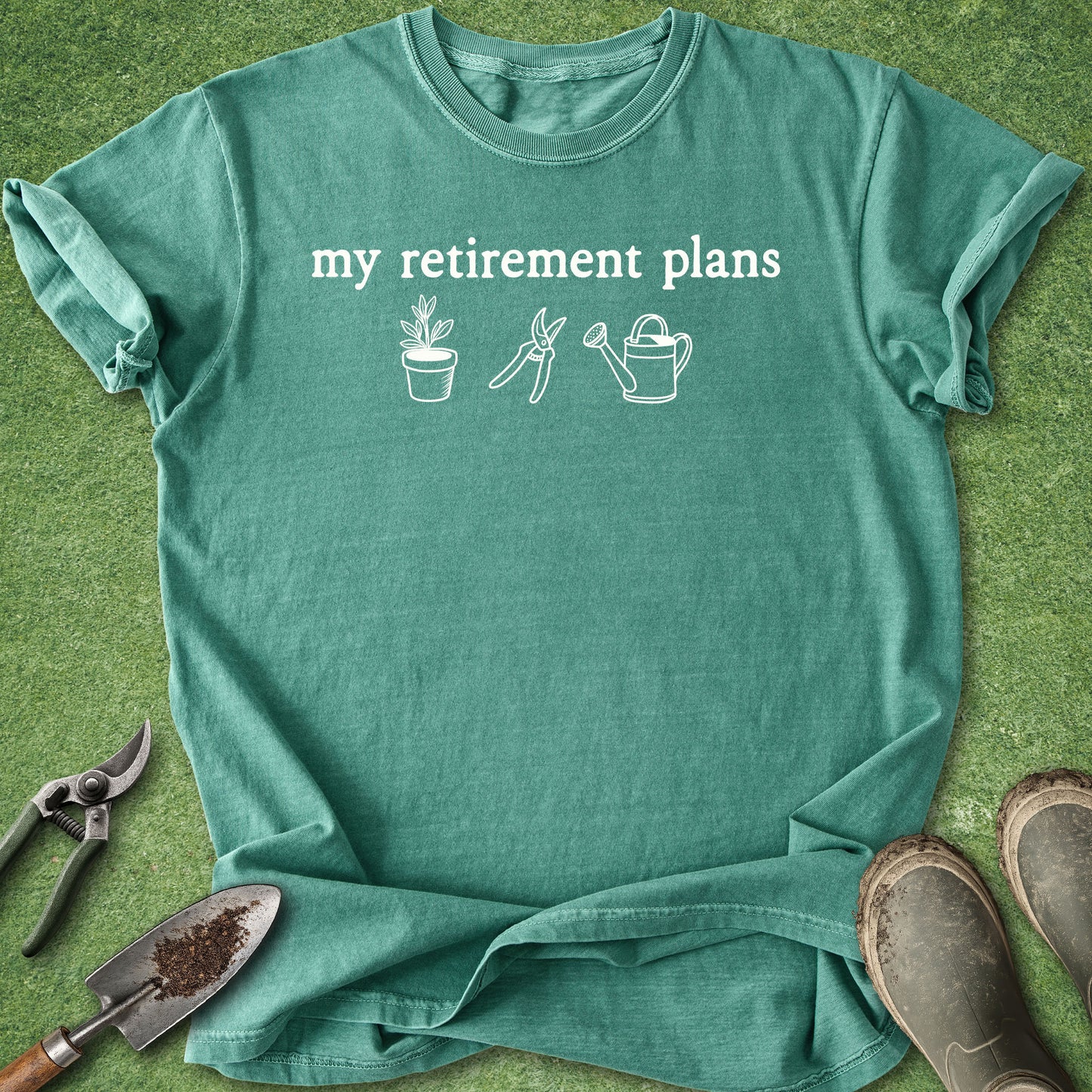 Minimalist gardening design reading "My Retirement Plans" with icons of a potted plant, pruning shears, and a watering can for gardeners and retirees.