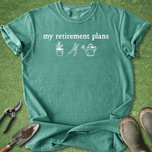 Minimalist gardening design reading "My Retirement Plans" with icons of a potted plant, pruning shears, and a watering can for gardeners and retirees.