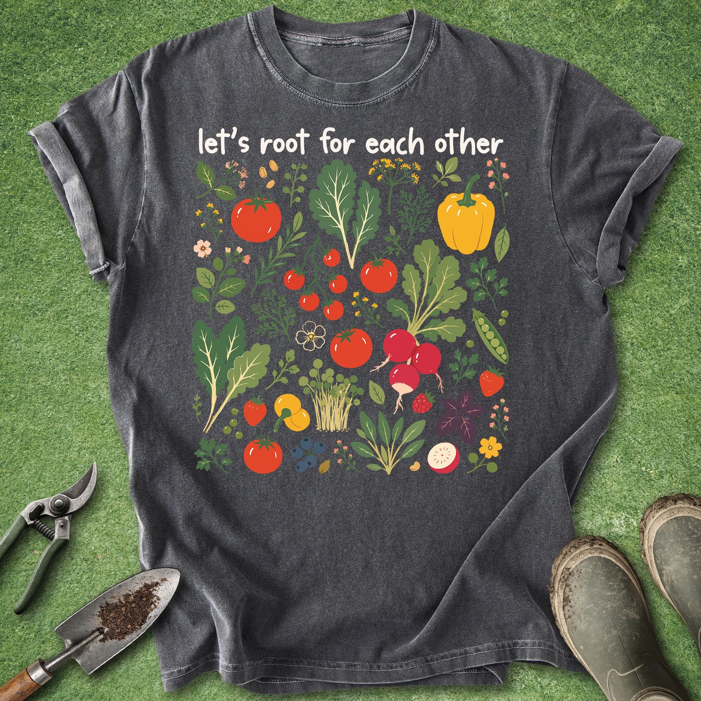 Dark gray t-shirt with vegetable graphic and text 'let's root for each other' on a green background.