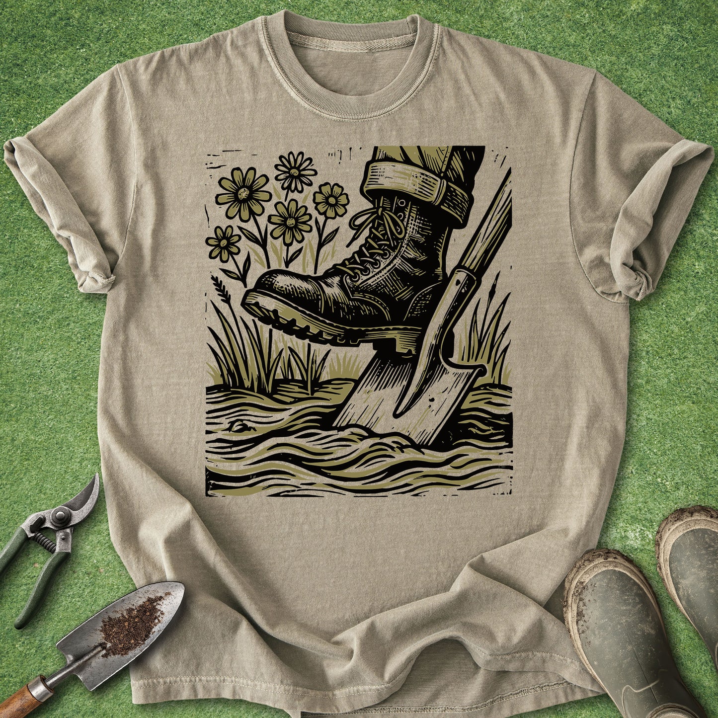Comfort Colors khaki t-shirt featuring a vintage-style illustration of a gardening boot pressing on a shovel in the soil, surrounded by wildflowers and tall grass.