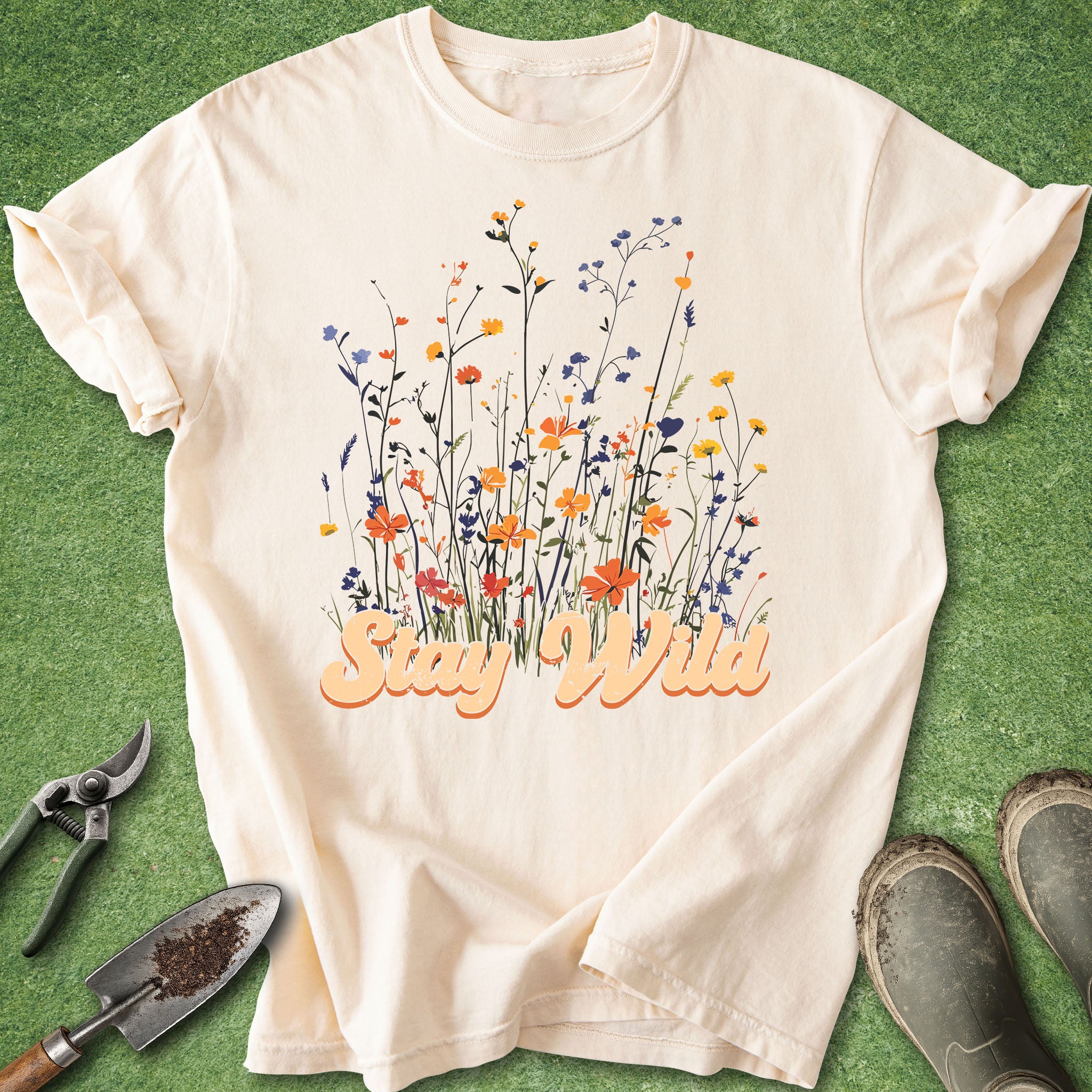 Beige t-shirt with floral design and 'Stay Wild' text on a green background