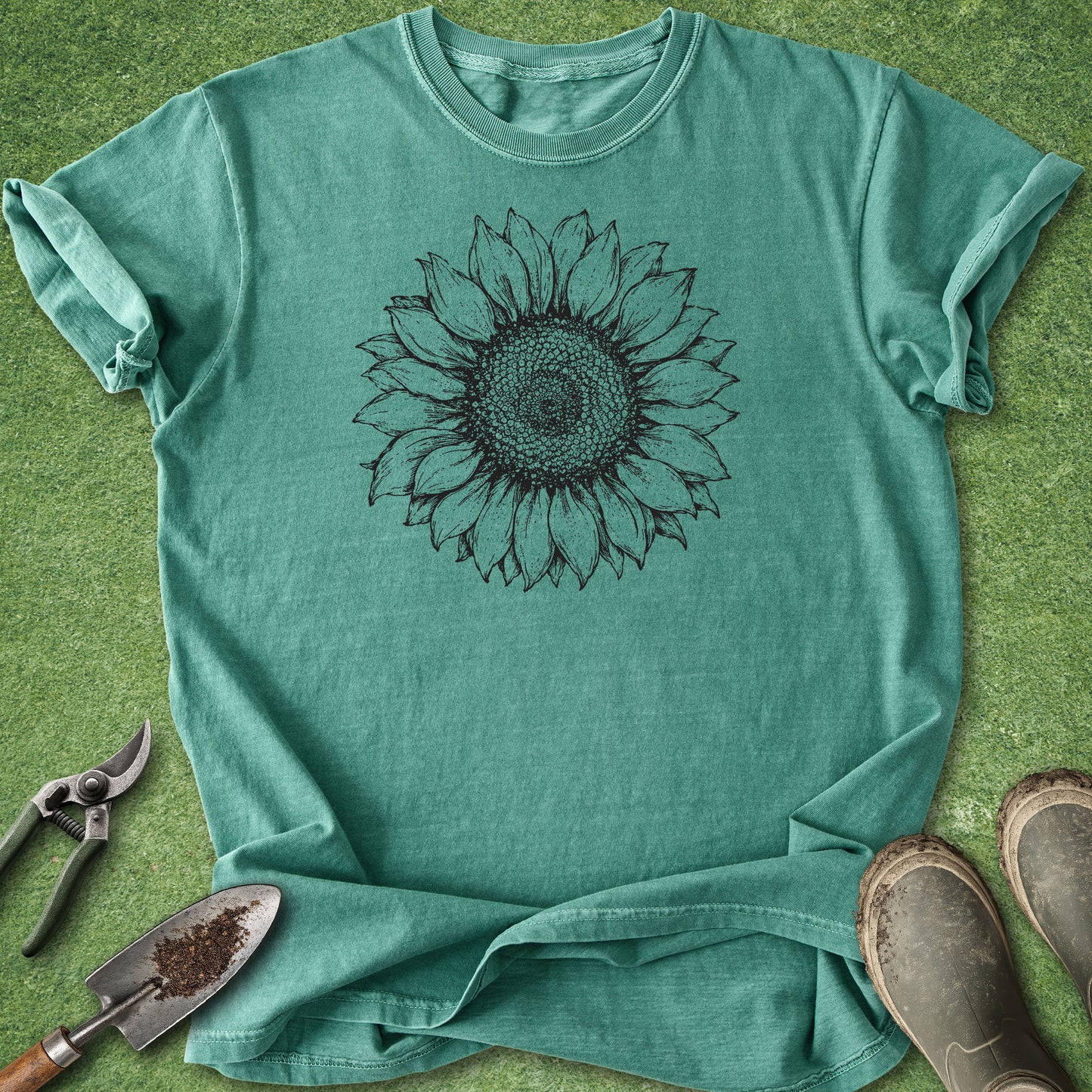 A teal green short-sleeve t-shirt with a black sunflower graphic printed on the chest, laid flat on a green grass-like surface with gardening props including pruning shears, a trowel, and boots.