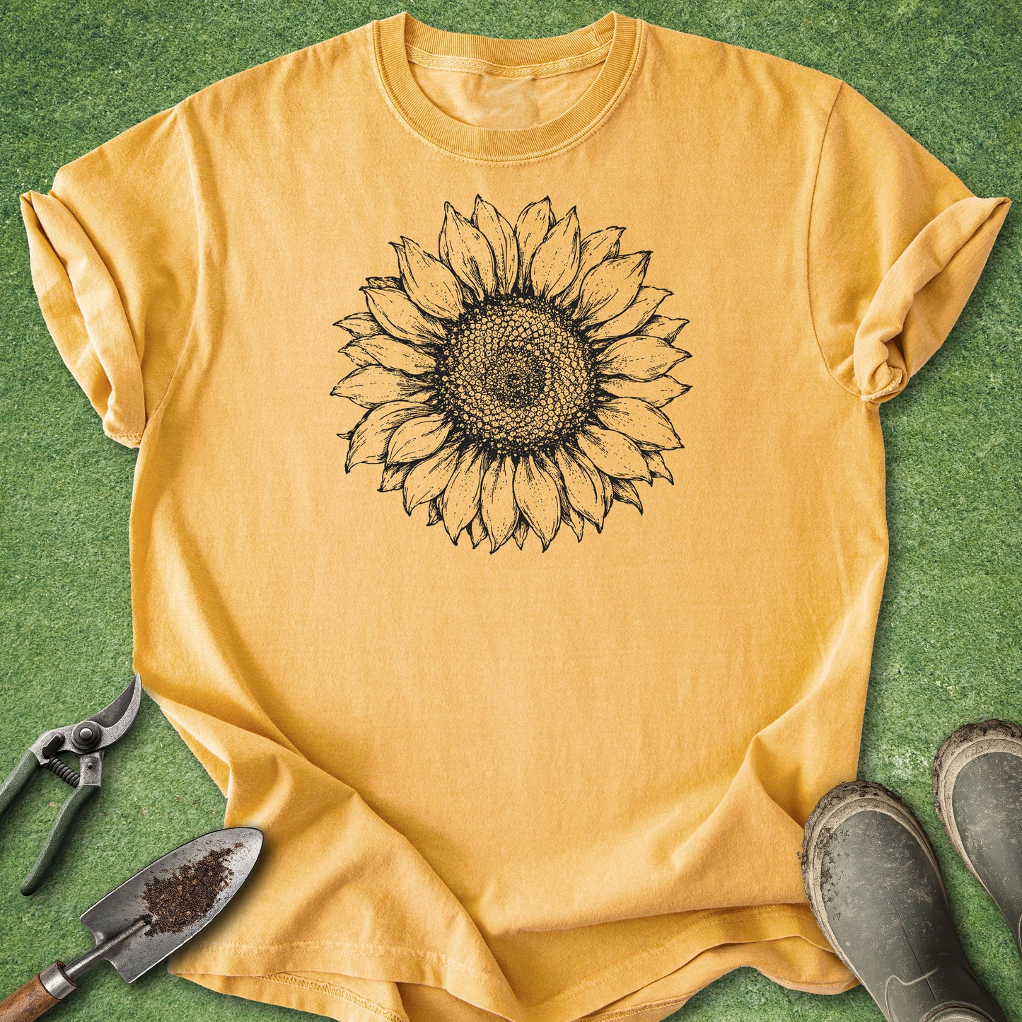 Vintage botanical sunflower shirt featuring a detailed black line art illustration of a single sunflower bloom on the front.