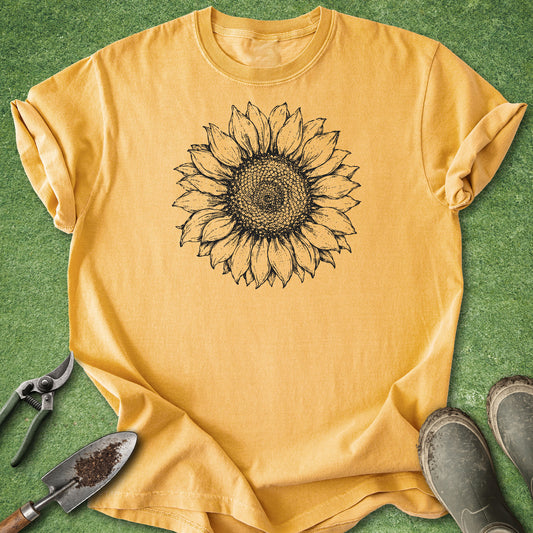 Vintage botanical sunflower shirt featuring a detailed black line art illustration of a single sunflower bloom on the front.