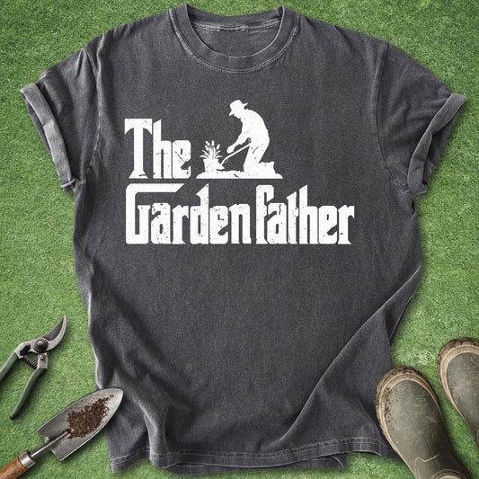 Funny The Gardenfather gardening parody t-shirt with vintage typography on black shirt