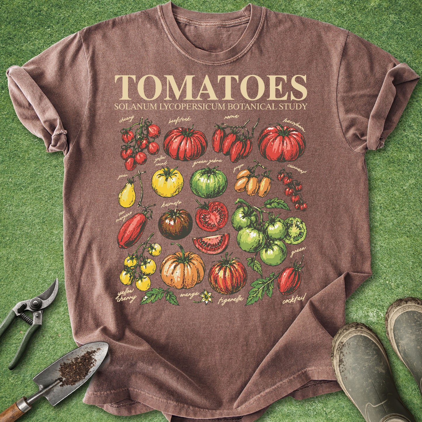 Brown t-shirt with tomato illustration on a green background