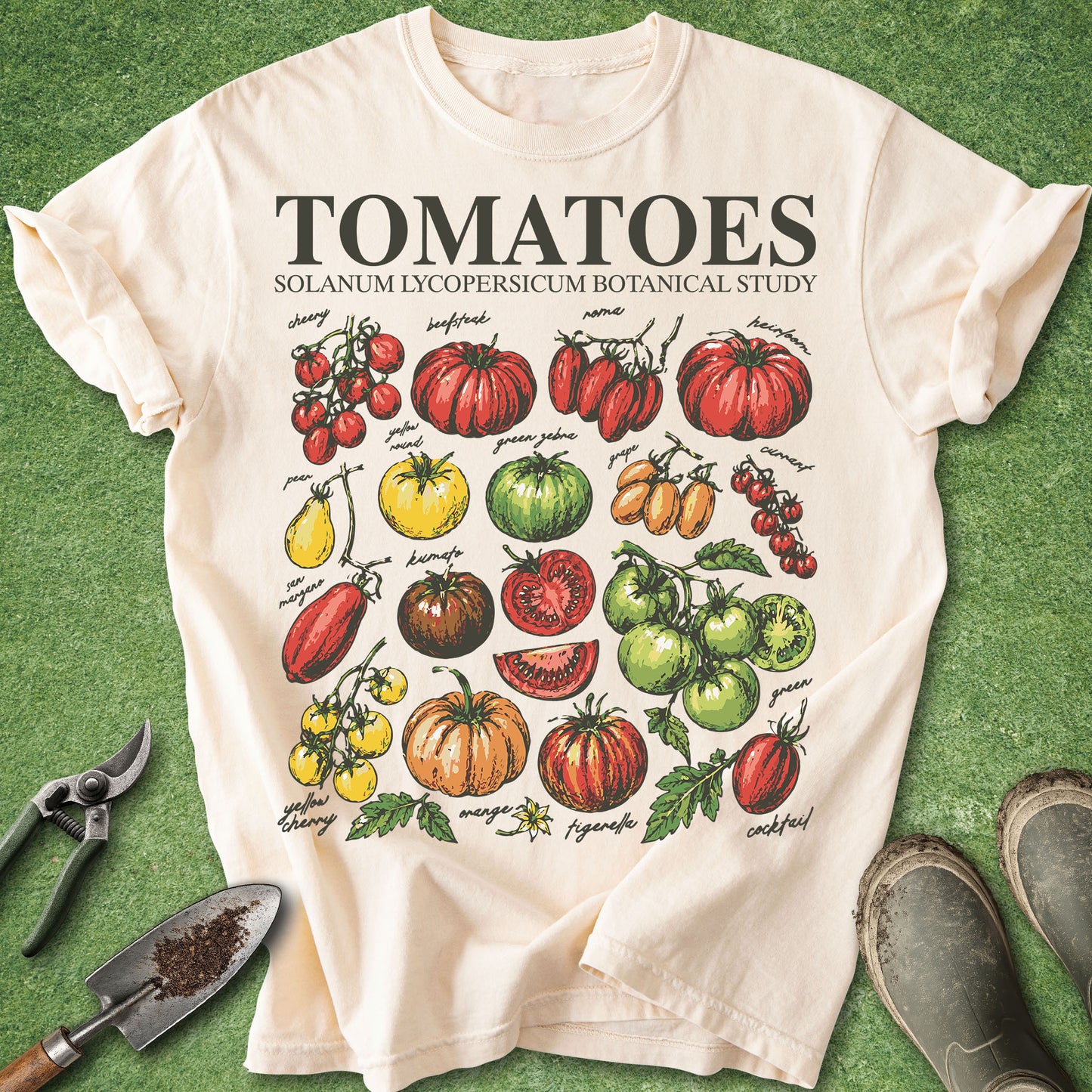 Ivory Comfort Colors t-shirt featuring a vintage botanical study of heirloom tomatoes with illustrated cherry, beefsteak, striped, green, yellow, and specialty tomato varieties arranged in a scientific poster style.