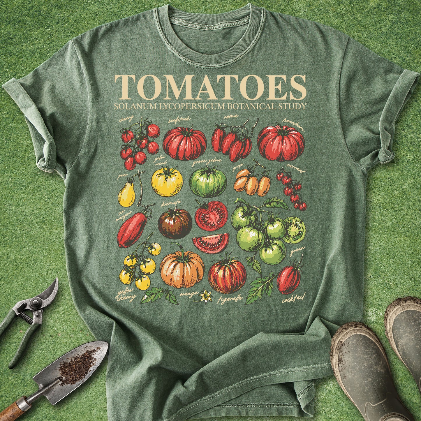 Green t-shirt with tomato illustration on a green background