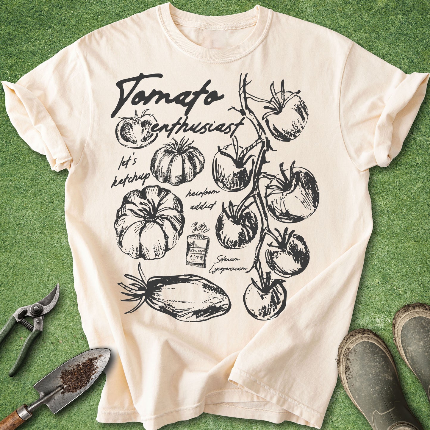Vintage tomato enthusiast gardening t-shirt with heirloom tomato illustrations and botanical sketches on ivory shirt