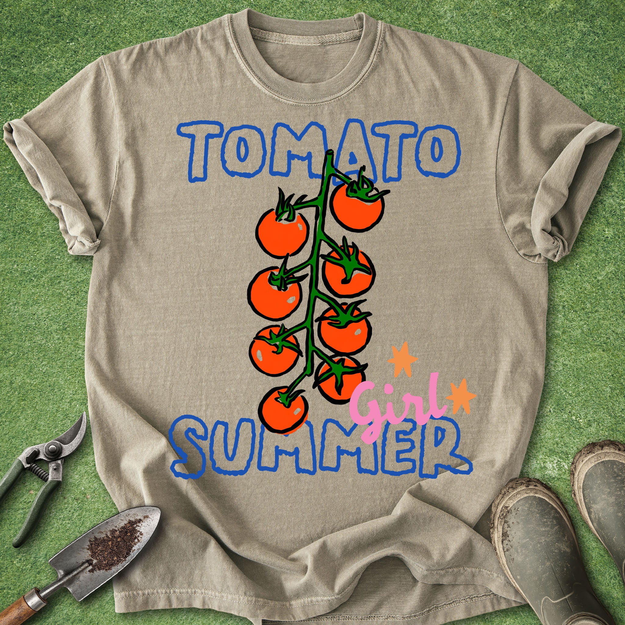 Beige t-shirt with tomato graphic and text on a green background